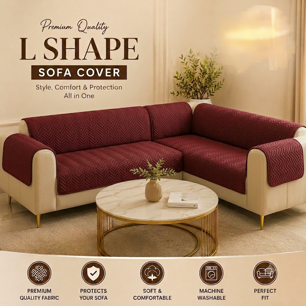 L Shape Zigzag Ultrasonic Quilted Sofa Cover Maroon
