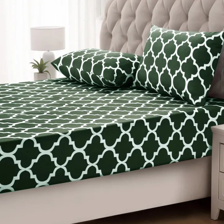 Cotton Sateen Printed Fitted Sheet 3 Pcs - Green