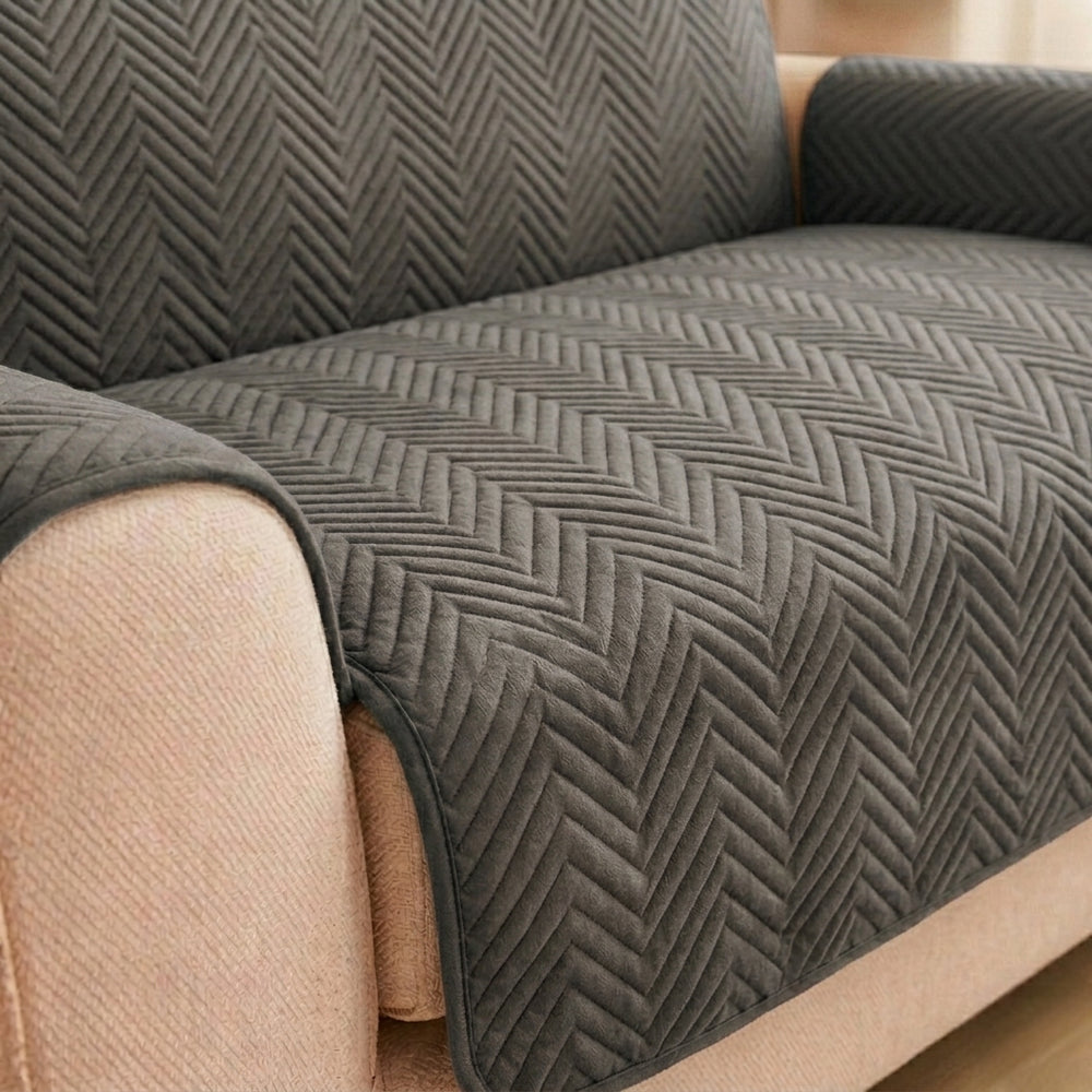 L Shape Zigzag Ultrasonic Quilted Sofa Cover Grey