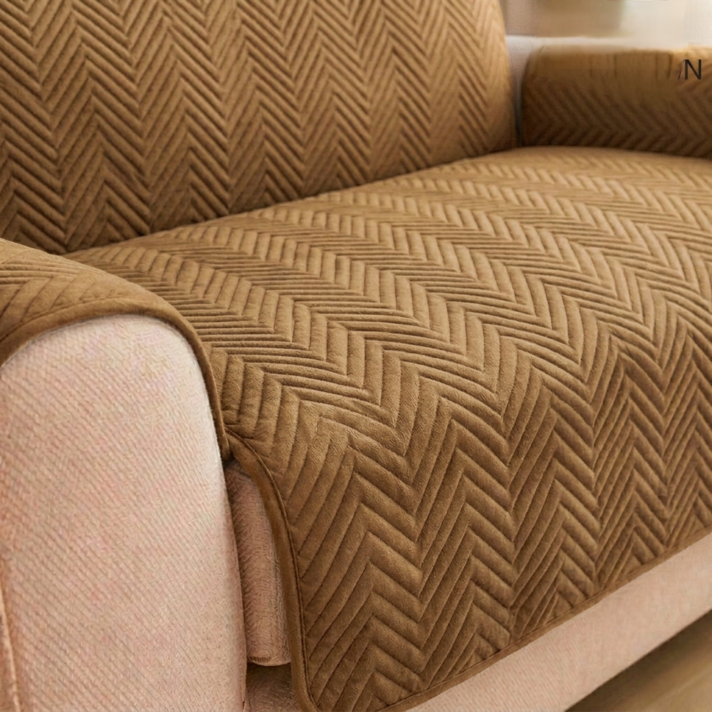 L Shape Zigzag Ultrasonic Quilted Sofa Cover Coffee