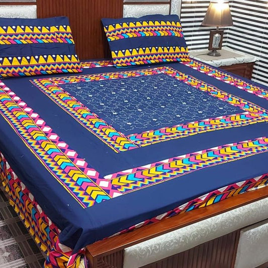 Bedsheet Embroidered Patch Work King Size BedSheets Blue