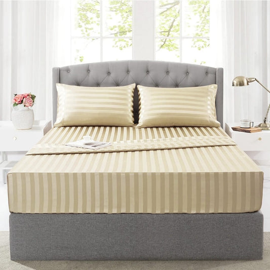 Cotton Sateen Stripe Fitted Sheet 3 Pcs - off-white