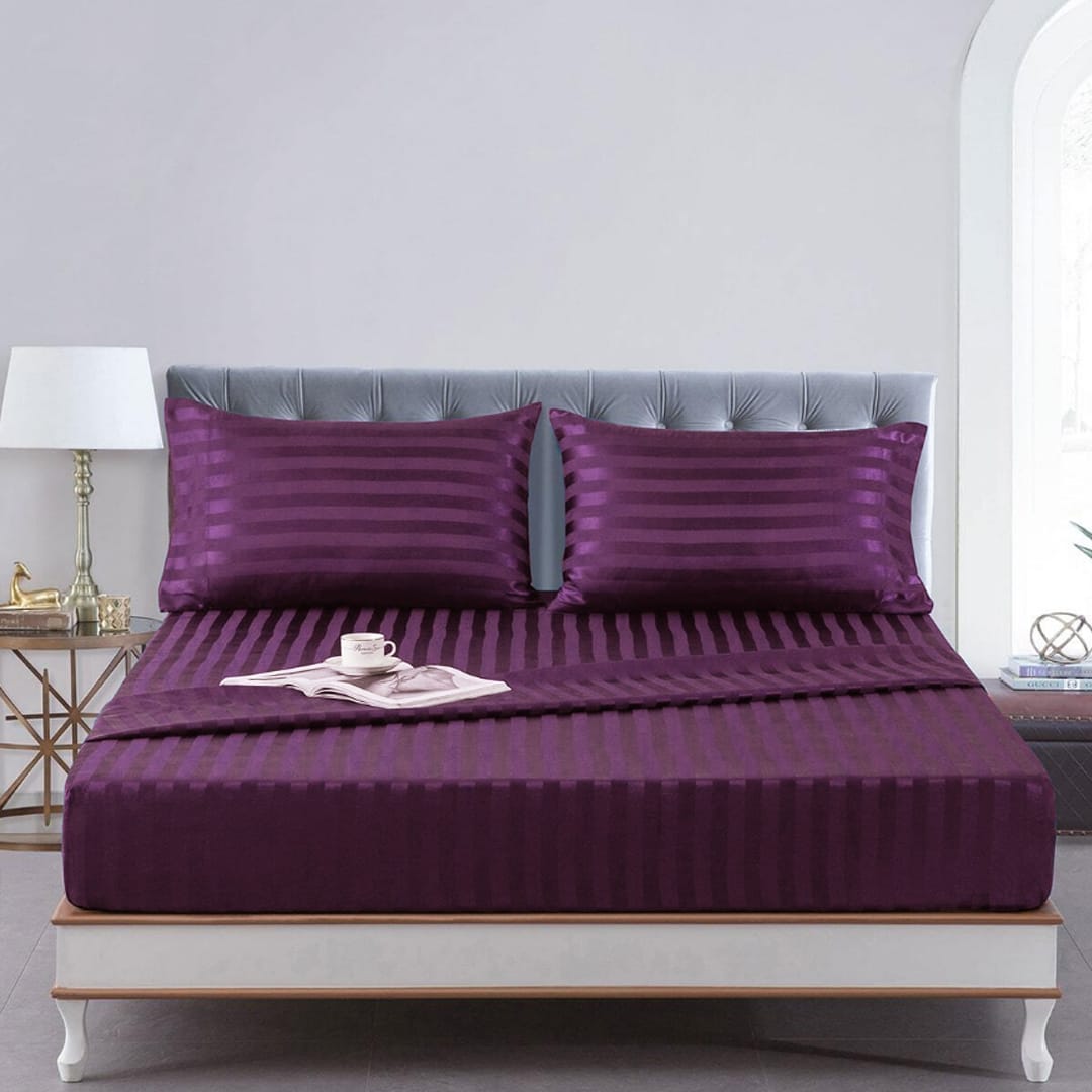 Cotton Sateen Stripe Fitted Sheet 3 Pcs - Purple
