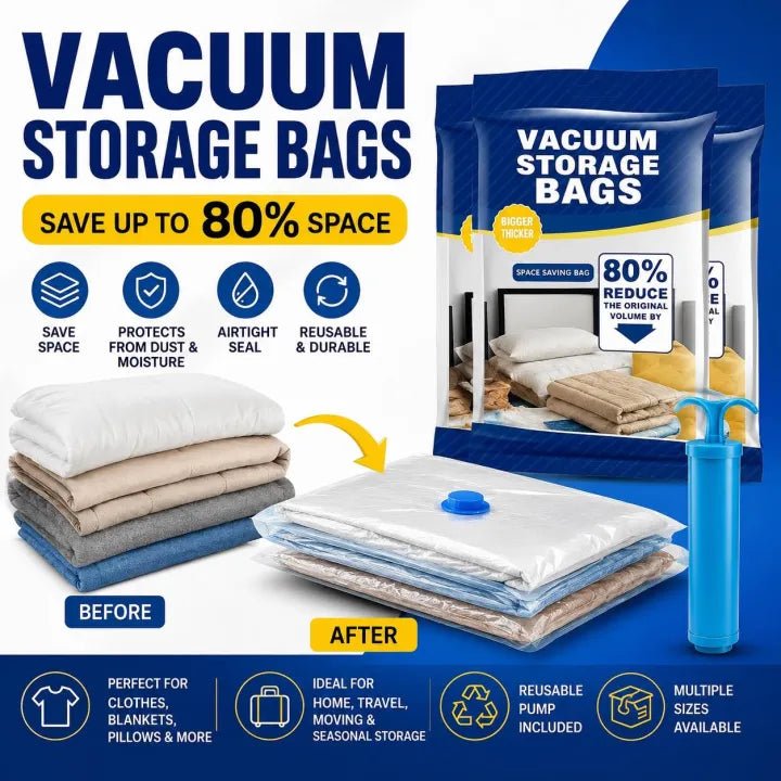 Vacuum Storage Bags 5 Pack with Hand Pump | Reusable Space Saving Compression Bags for Clothes, Blankets, Quilts, Pillows, Bedding etc.