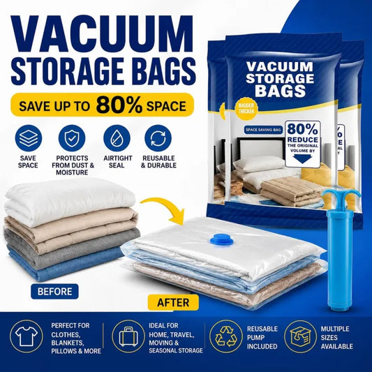 Vacuum Storage Bags 5 Pack with Hand Pump | Reusable Space Saving Compression Bags for Clothes, Blankets, Quilts, Pillows, Bedding etc.