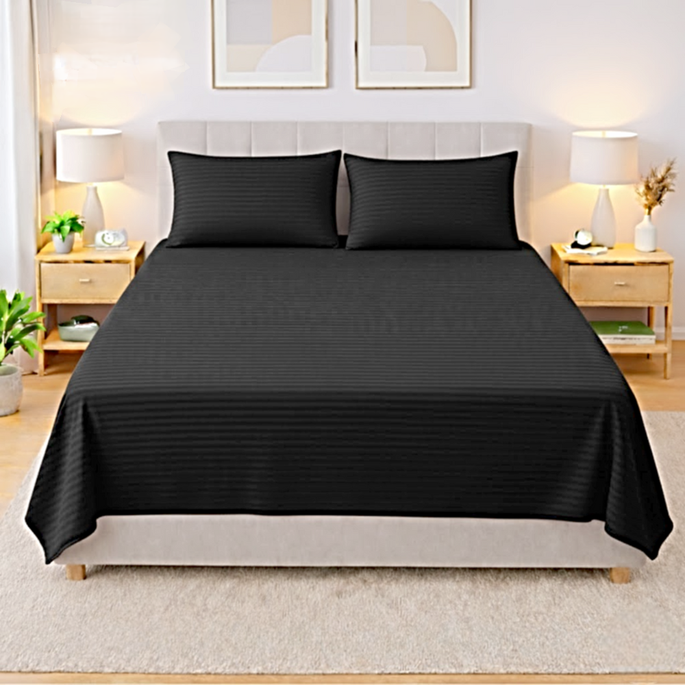 Premium Striped Flat Bedsheet Set Black - King Size