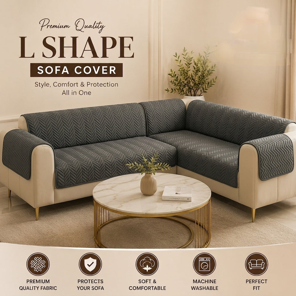 L Shape Zigzag Ultrasonic Quilted Sofa Cover Grey