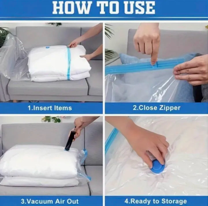 Vacuum Storage Bags 5 Pack with Hand Pump | Reusable Space Saving Compression Bags for Clothes, Blankets, Quilts, Pillows, Bedding etc.