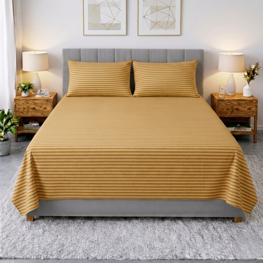 Premium Striped Flat Bedsheet Set Chikoo - King Size