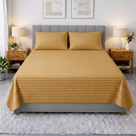 Premium Striped Flat Bedsheet Set Chikoo - King Size