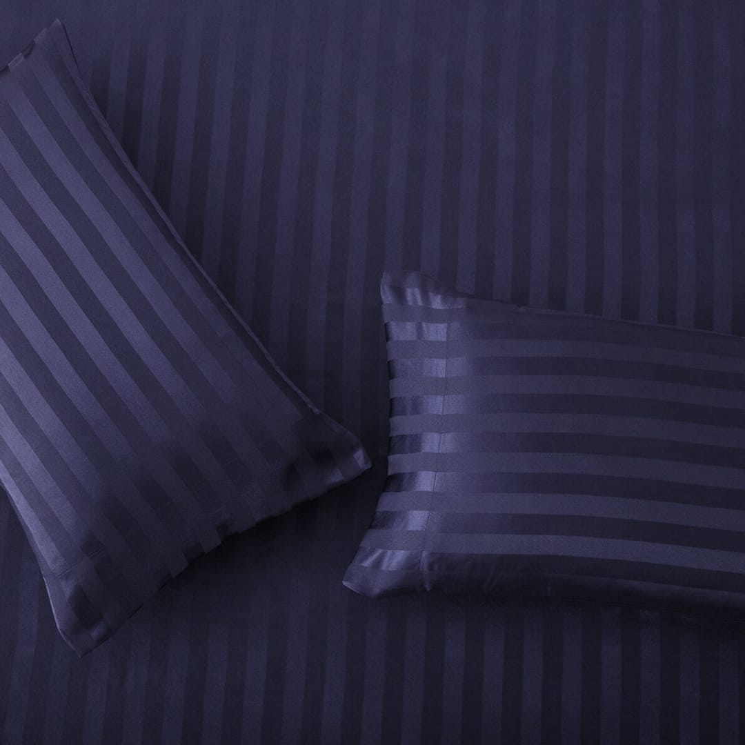 Cotton Sateen Stripe Fitted Sheet 3 Pcs - Indigo