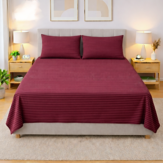 Premium Striped Flat Bedsheet Set Maroon - King Size