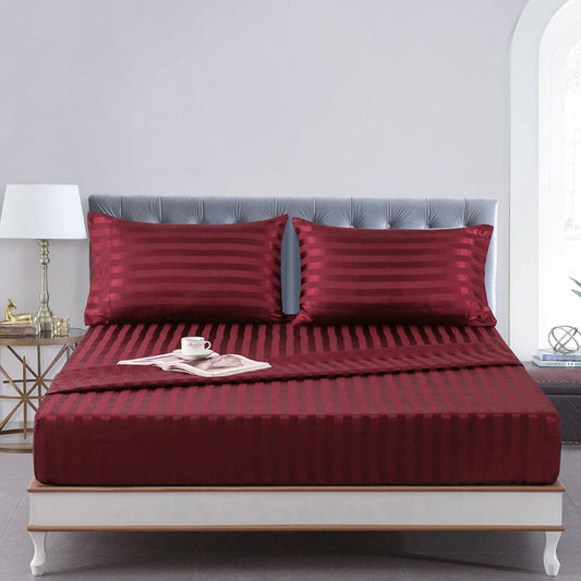 Cotton Sateen Stripe Fitted Sheet 3 Pcs - Maroon