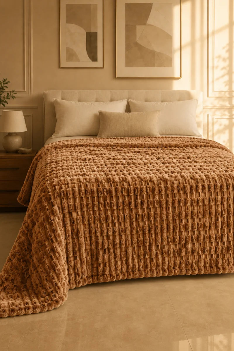 TEXTURED PLUSH BLANKET – CARAMEL BROWN