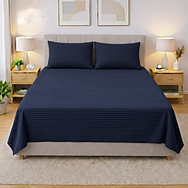 Premium Striped Flat Bedsheet Set Navy Blue - King Size