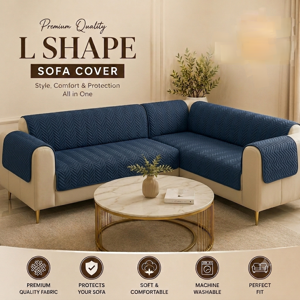 L Shape Zigzag Ultrasonic Quilted Sofa Cover Navy Blue