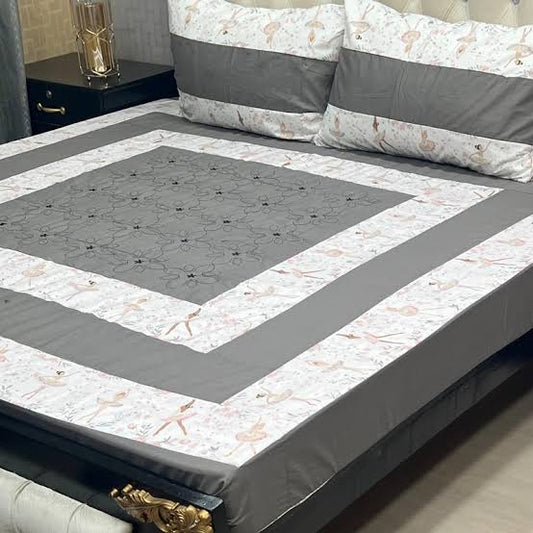 Bedsheet Embroidered Patch Work King Size BedSheets Gray