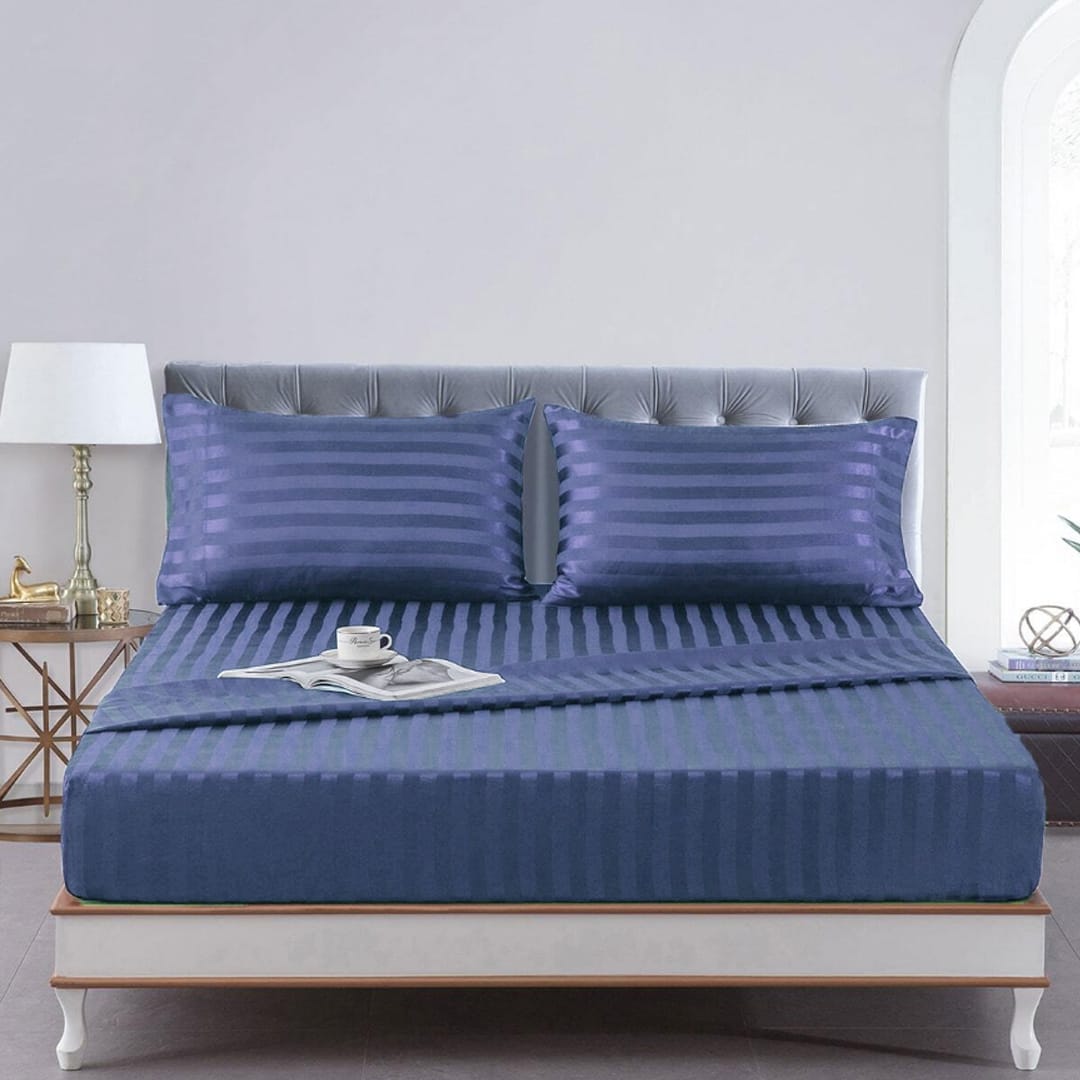 Cotton Sateen Stripe Fitted Sheet 3 Pcs - Indigo