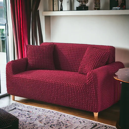 Fitted Style Bubble Stuff Sofa Cover Maroon