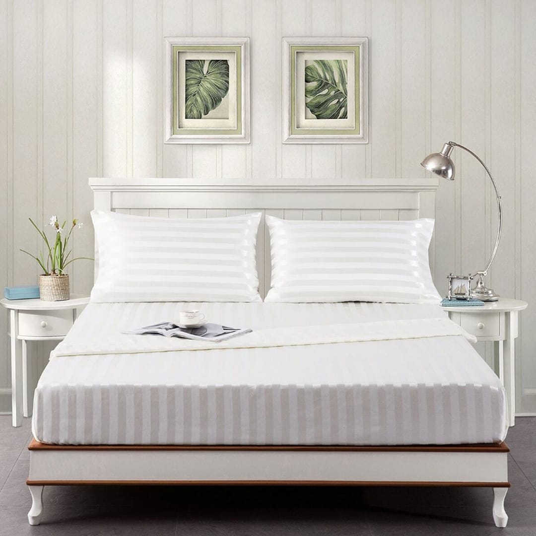 Cotton Sateen Stripe Fitted Sheet 3 Pcs - White