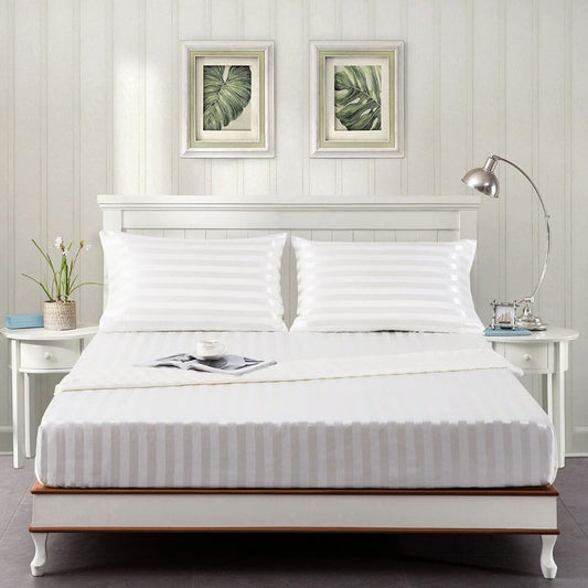 Cotton Sateen Stripe Fitted Sheet 3 Pcs - White