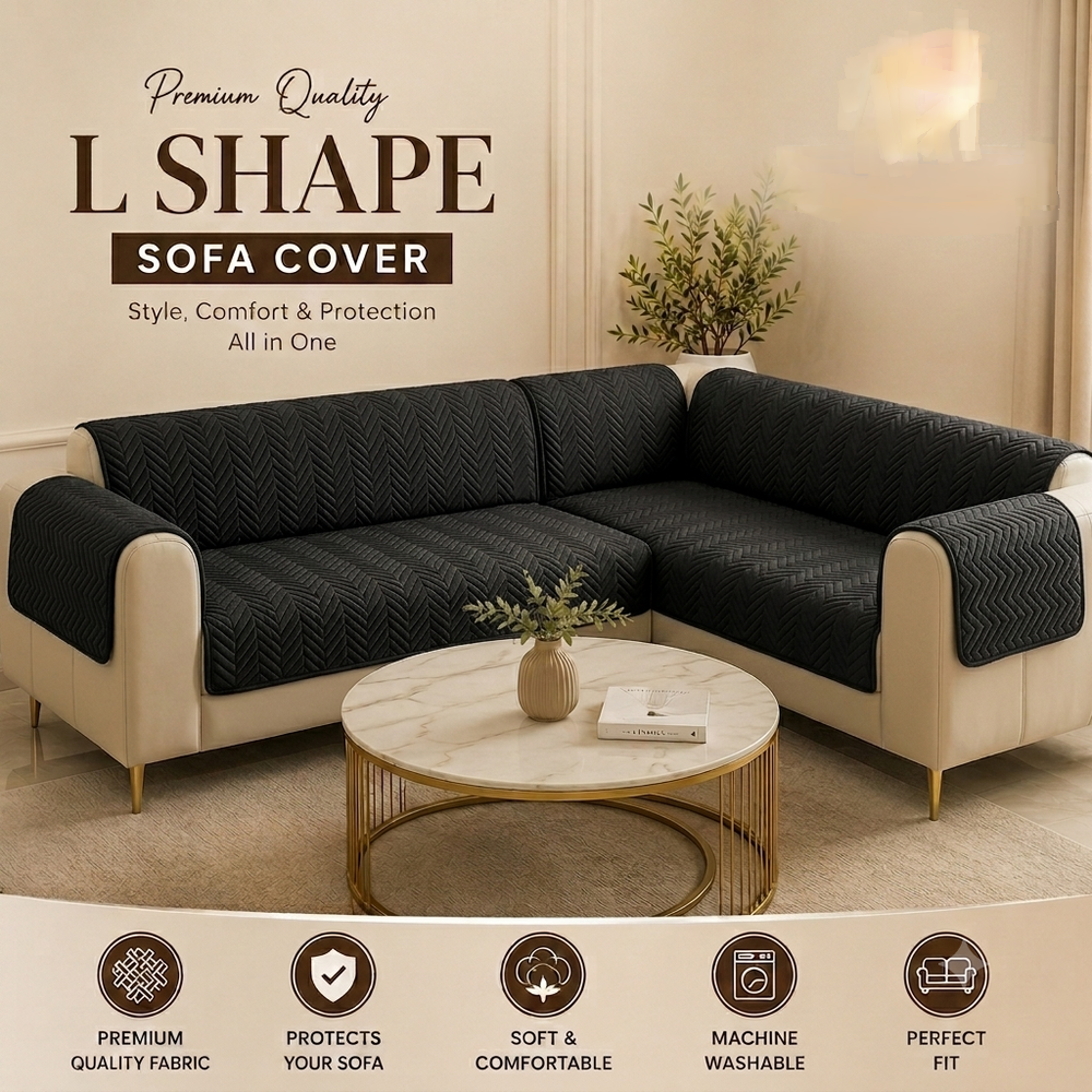 L Shape Zigzag Ultrasonic Quilted Sofa Cover Black