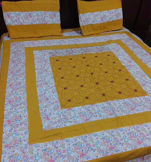 Bedsheet Embroidered Patch Work King Size BedSheets Yellow