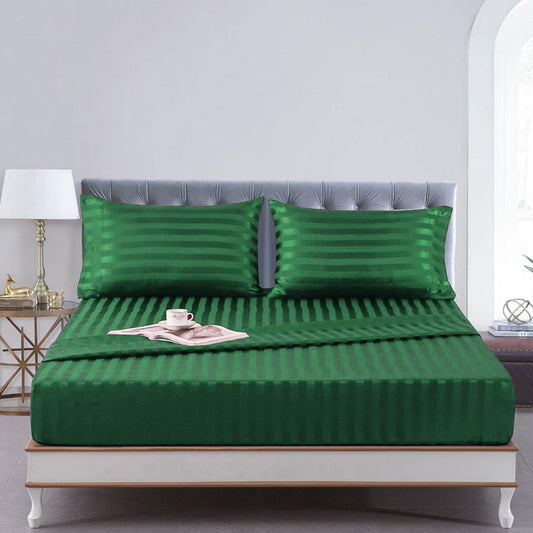 Cotton Sateen Stripe Fitted Sheet 3 Pcs - Green