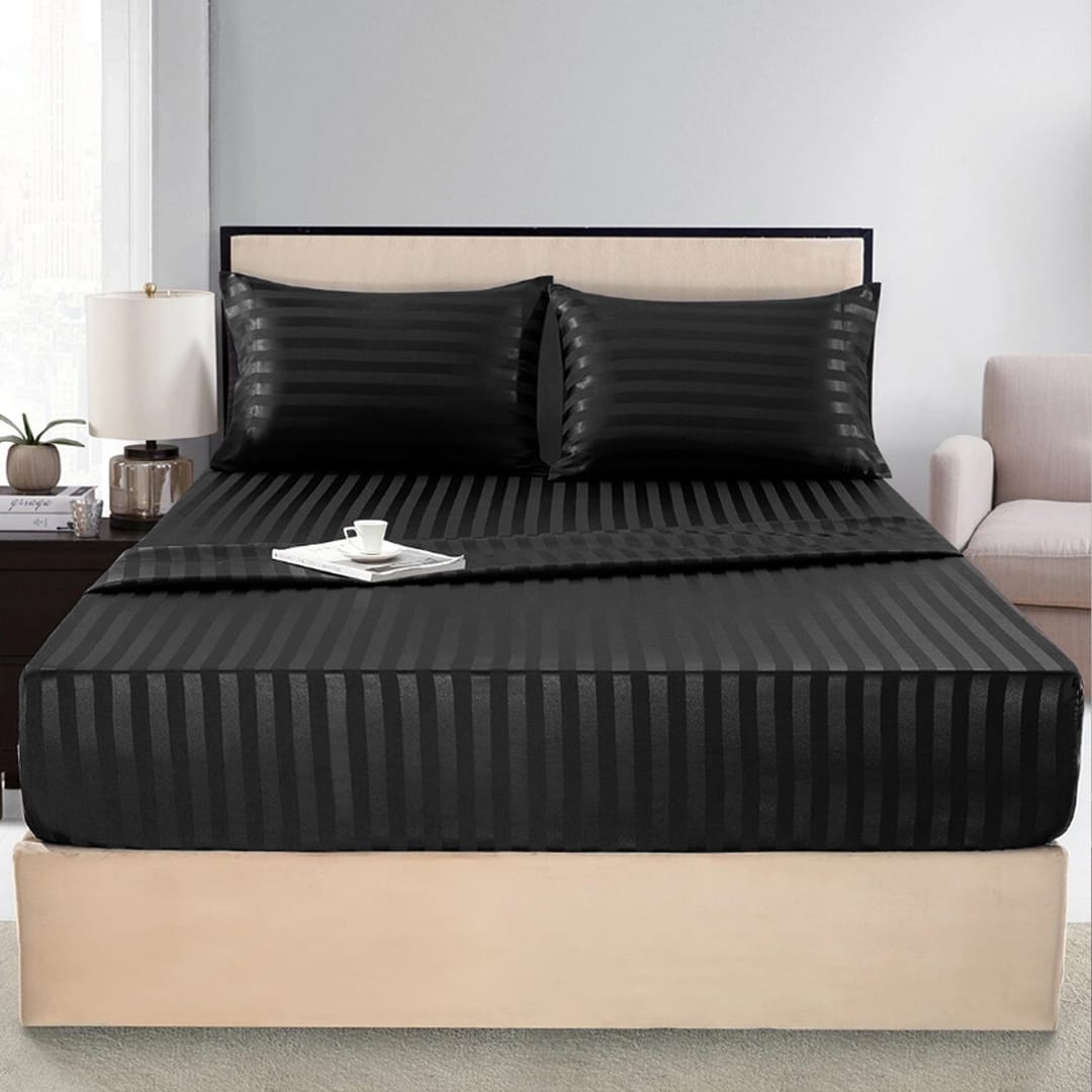 Cotton Sateen Stripe Fitted Sheet 3 Pcs - Black
