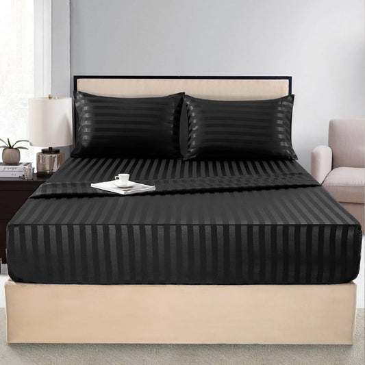 Cotton Sateen Stripe Fitted Sheet 3 Pcs - Black