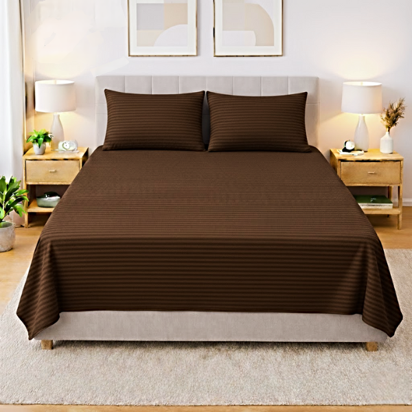 Premium Striped Flat Bedsheet Set Chocolate Brown - King Size