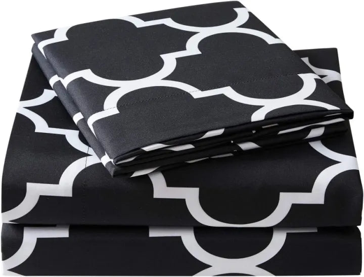 Cotton Sateen Printed Fitted Sheet 3 Pcs - black