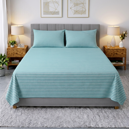 Premium Striped Flat Bedsheet Set Sky Blue - King Size