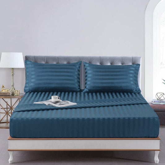 Cotton Sateen Stripe Fitted Sheet 3 Pcs - Blue