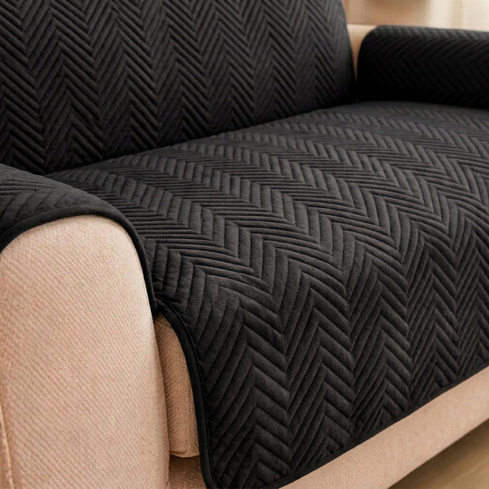 L Shape Zigzag Ultrasonic Quilted Sofa Cover Black
