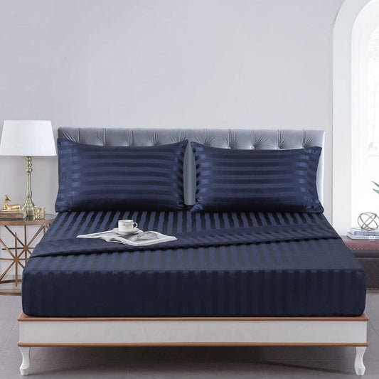 Cotton Sateen Stripe Fitted Sheet 3 Pcs - Indigo