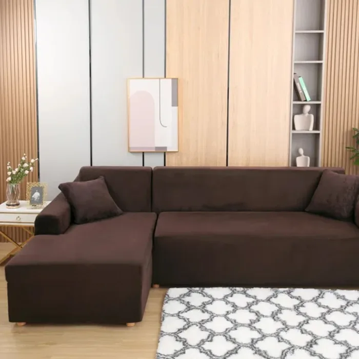 L-Shape Fitted Jersey Sofa Cover - Brown - Image 2