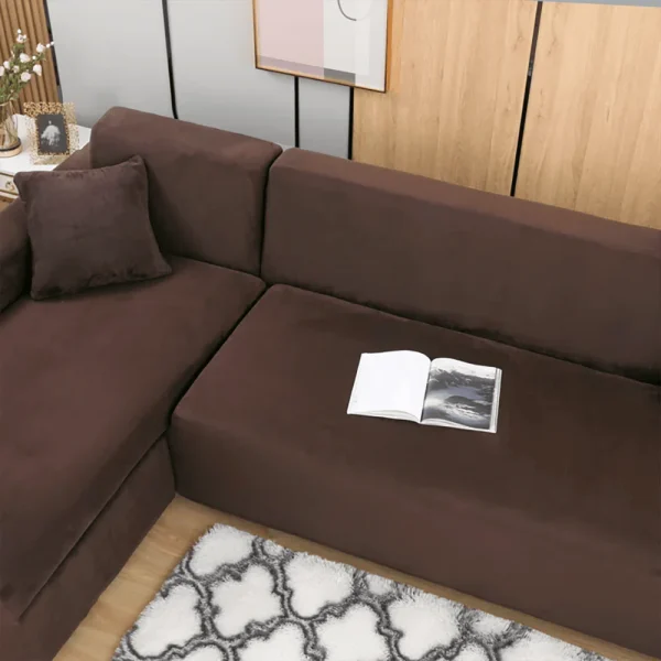 L-Shape Fitted Jersey Sofa Cover - Brown - Image 3