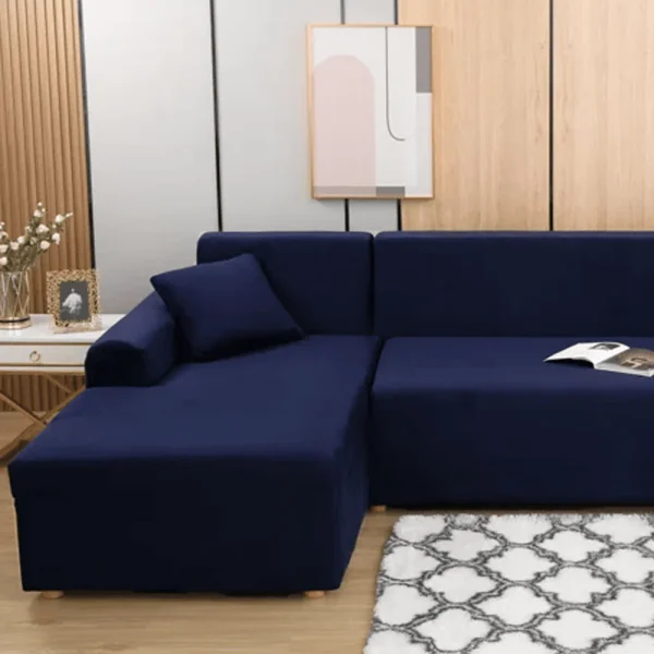 L-Shape Fitted Jersey Sofa Cover - Dark Blue - Image 2