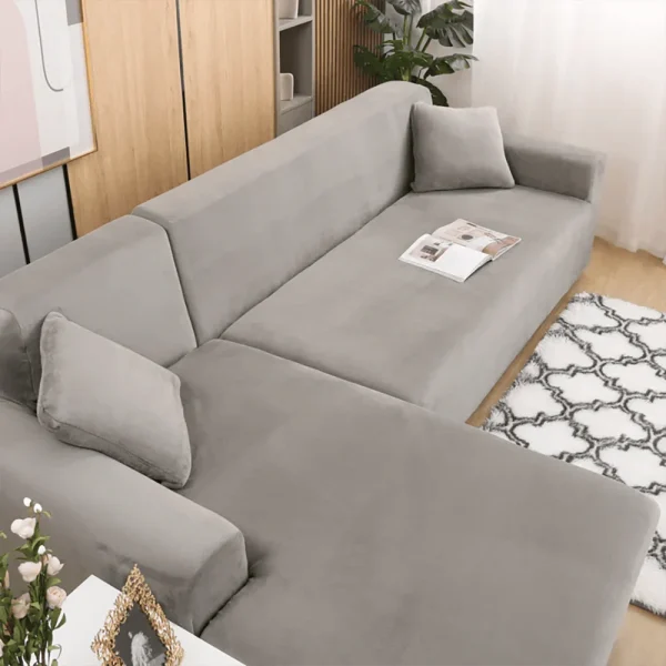 L-Shape Fitted Jersey Sofa Cover - Light Grey - Image 2