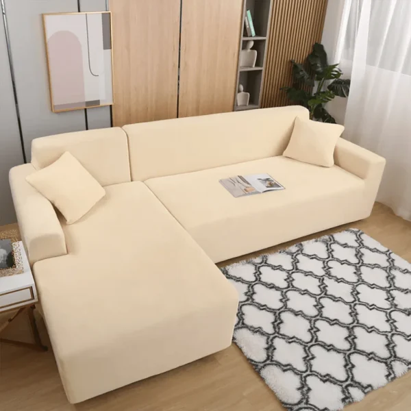 L-Shape Fitted Jersey Sofa Cover - Beige - Image 2