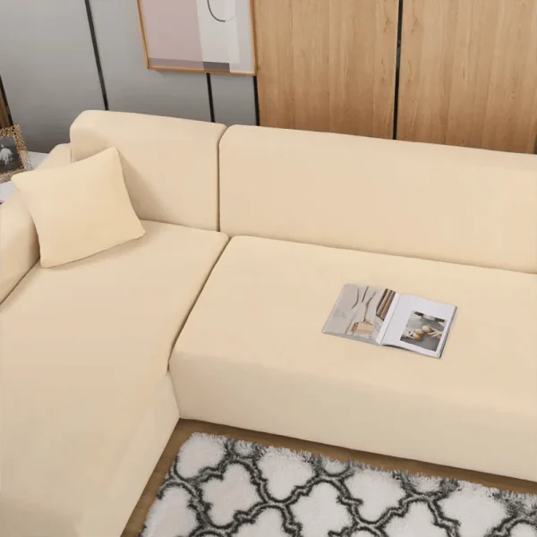 L-Shape Fitted Jersey Sofa Cover - Beige - Image 3